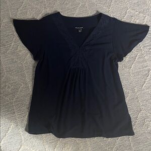 Cable & Gauge Black V-Neck Lace Trim Flutter Sleeve Blouse